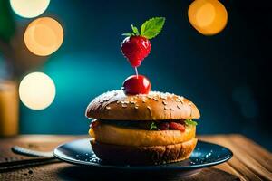 a hamburger with a strawberry on top. AI-Generated photo