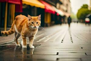 an orange cat walking on a wet street. AI-Generated photo