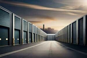 a long empty warehouse with a sky in the background. AI-Generated photo