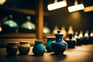 a row of vases on a wooden table. AI-Generated photo