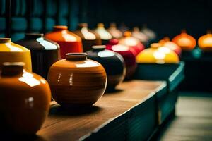 a row of colorful vases on a shelf. AI-Generated photo