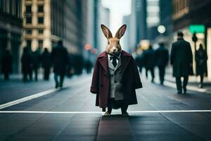 a rabbit dressed in a suit and tie standing on a city street. AI-Generated photo