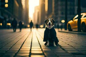 a dog sitting on the sidewalk in the city. AI-Generated photo