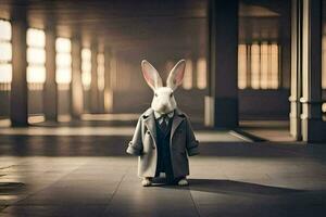a rabbit in a suit and tie stands in an empty room. AI-Generated photo