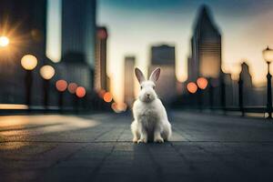 un blanco Conejo sentado en el acera en frente de un ciudad. generado por ai foto