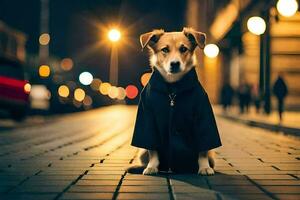 a dog in a coat sitting on the street at night. AI-Generated photo