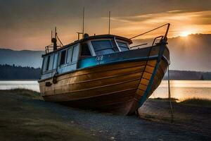 a boat sits on the shore at sunset. AI-Generated photo