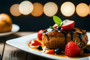 a dessert with strawberries and syrup on a plate. AI-Generated photo