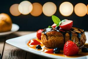 un postre con fresas y jarabe en un lámina. generado por ai foto