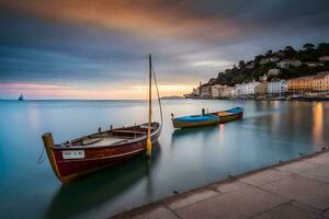 two boats docked on the shore of a body of water. AI-Generated photo