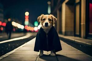 a dog wearing a coat on a street at night. AI-Generated photo