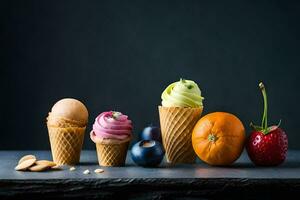 various ice cream cones and fruit on a table. AI-Generated photo