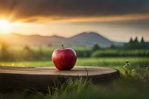apple on a wooden table in the field. AI-Generated photo