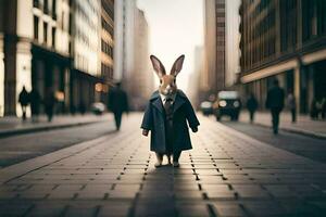 a rabbit wearing a suit and tie walking down a city street. AI-Generated photo