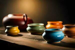 a group of colorful ceramic bowls on a wooden table. AI-Generated photo