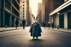 un Conejo en un traje y Corbata en pie en el medio de un ciudad calle. generado por ai foto