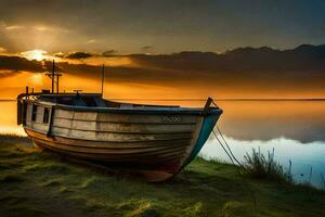 a boat sits on the shore at sunset. AI-Generated photo