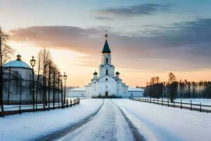 a snowy road leads to a church with a steeple. AI-Generated photo