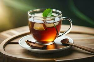 a glass of tea with mint leaves on a wooden tray. AI-Generated photo