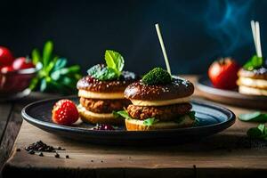 small burgers with cheese and herbs on a plate. AI-Generated photo