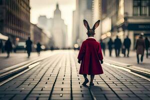 a rabbit wearing a red coat and walking down a street. AI-Generated photo