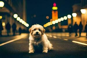 a dog sitting on the street at night. AI-Generated photo