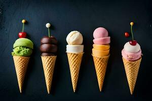 diferente sabores de hielo crema en conos en un negro antecedentes. generado por ai foto