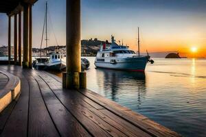 boats docked at the pier at sunset. AI-Generated photo
