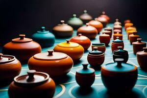 a row of colorful pots and vases on a blue background. AI-Generated photo