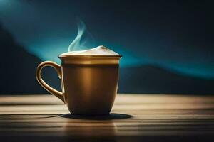 un taza de café en un de madera mesa con un azul antecedentes. generado por ai foto