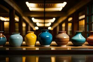 a row of colorful vases sit on a shelf. AI-Generated photo