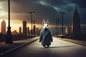 a rabbit in a coat and tie standing on a street. AI-Generated photo