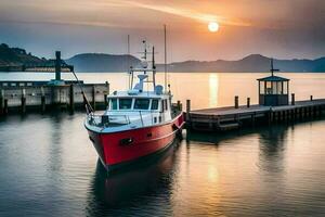 a red and white boat docked at the dock at sunset. AI-Generated photo
