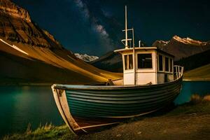a boat sits on the shore of a lake under a night sky. AI-Generated photo