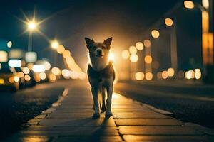 a dog standing on a street at night. AI-Generated photo