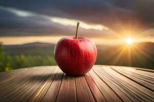 un manzana se sienta en un mesa en frente de un puesta de sol. generado por ai foto