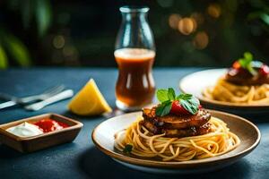 spaghetti with meat and sauce on a plate. AI-Generated photo