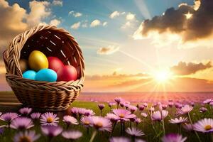 easter eggs in a basket on a field. AI-Generated photo