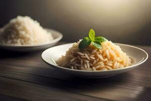 two white plates with rice and mint leaves. AI-Generated photo