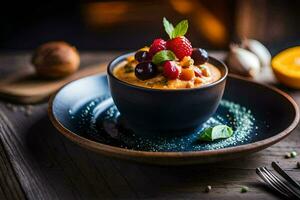 the food is served in a bowl with a spoon and fork. AI-Generated photo