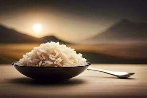 a bowl of rice on a table with a spoon. AI-Generated photo