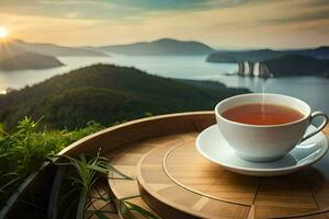 a cup of tea on a wooden tray with a view of the mountains. AI-Generated photo