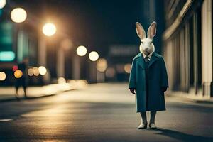 a rabbit wearing a coat and tie standing in the middle of a city street. AI-Generated photo