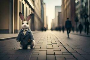 un Conejo en un traje y Corbata en pie en un calle. generado por ai foto