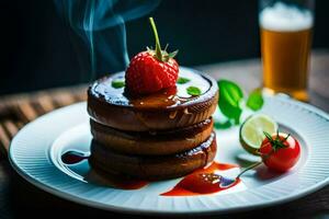 un apilar de panqueques con fresas y jarabe. generado por ai foto