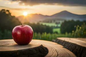 un rojo manzana en un tocón en el puesta de sol. generado por ai foto