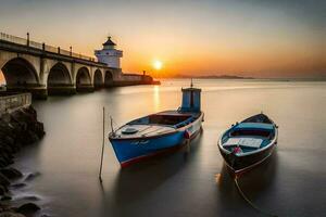 dos barcos son atracado a el apuntalar de un río a puesta de sol. generado por ai foto