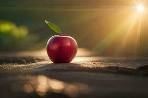 an apple is sitting on the ground in front of the sun. AI-Generated photo