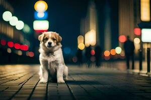 a dog sitting on the sidewalk at night. AI-Generated photo