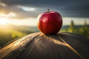 an apple sits on top of a wooden table. AI-Generated photo